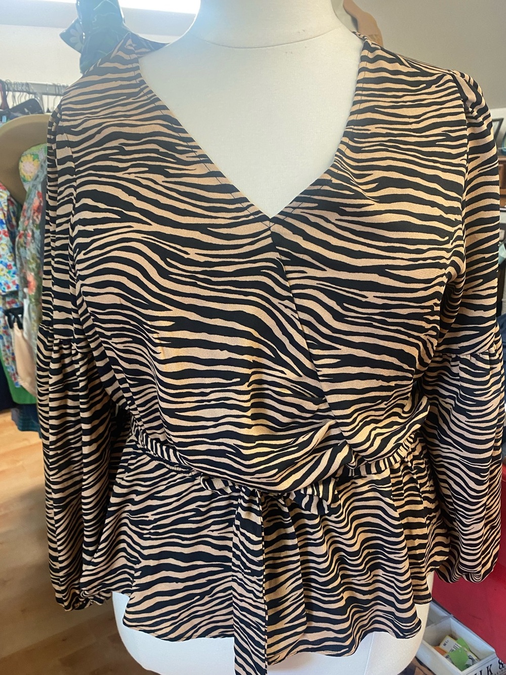 Morgan Taylor Zebra-Print Wrap Blouse - Black and Tan